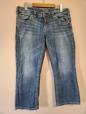 Silver Jeans Co Aiko Capri Blue Denim Contrast Stitch Mid Rise Y2K Size 31